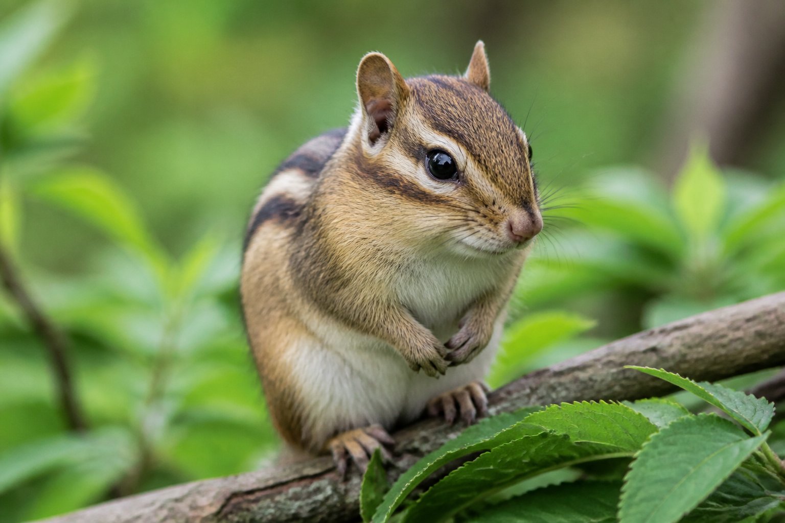 A wild chipmunk perched on a tree branch, looking alert in a natural outdoor setting.
