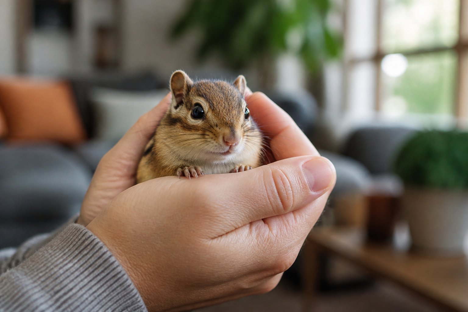 A person gently holding a small chipmunk inside a cozy living room.