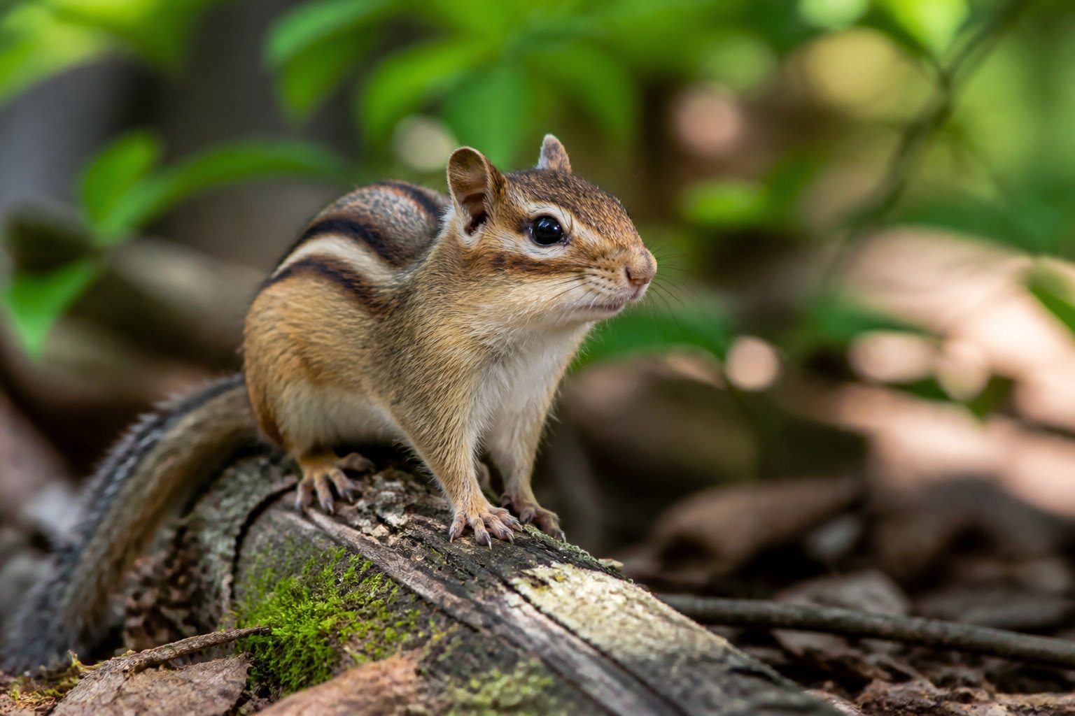 A chipmunk sitting on a tree branch surrounded by green leaves in a forest during daylight.
