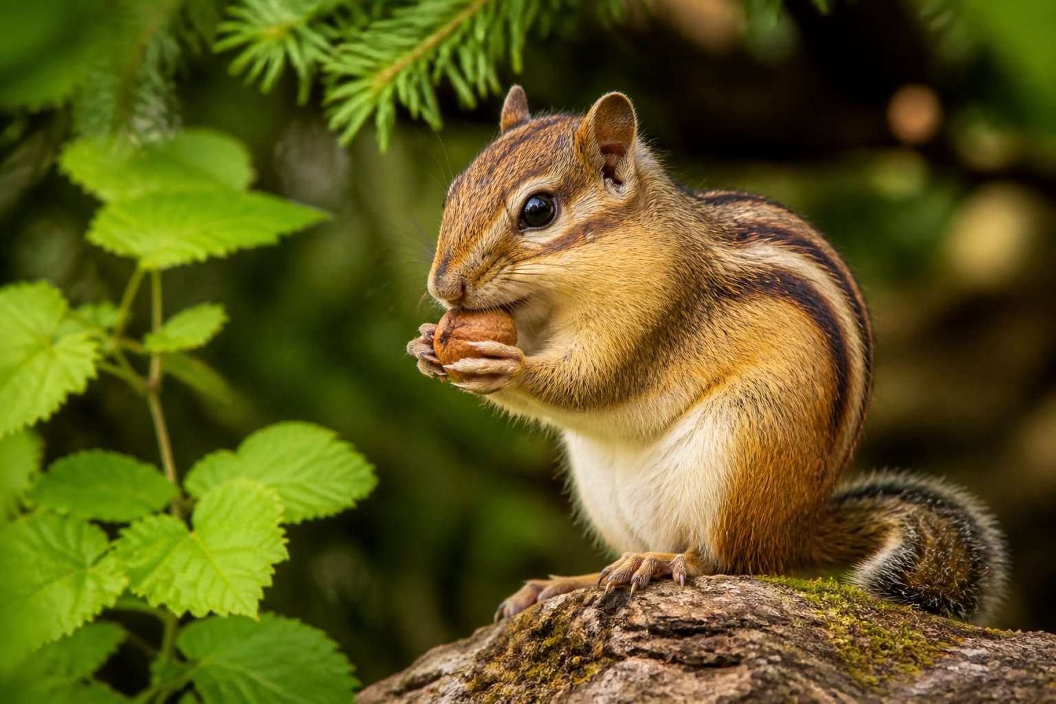 A chipmunk sitting on a branch surrounded by green leaves in a natural outdoor setting.