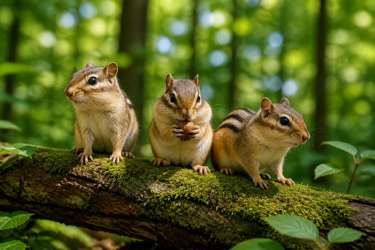 Three chipmunks sitting on a tree branch in a forest with green leaves and sunlight.