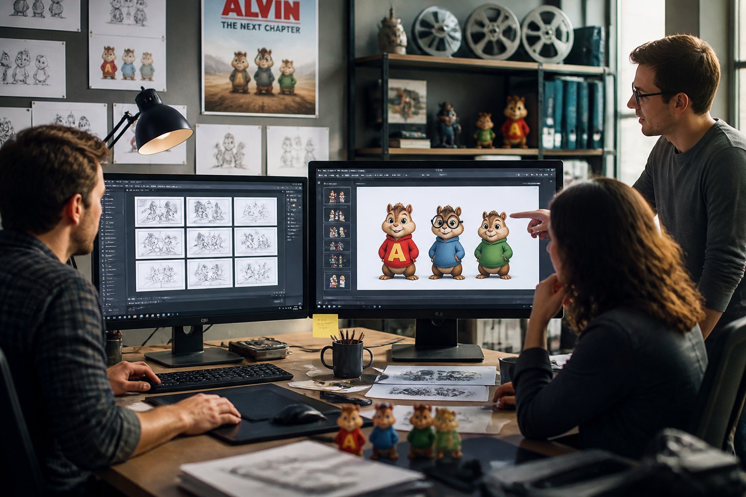 A film production office with people discussing animated chipmunk character designs on computer screens.