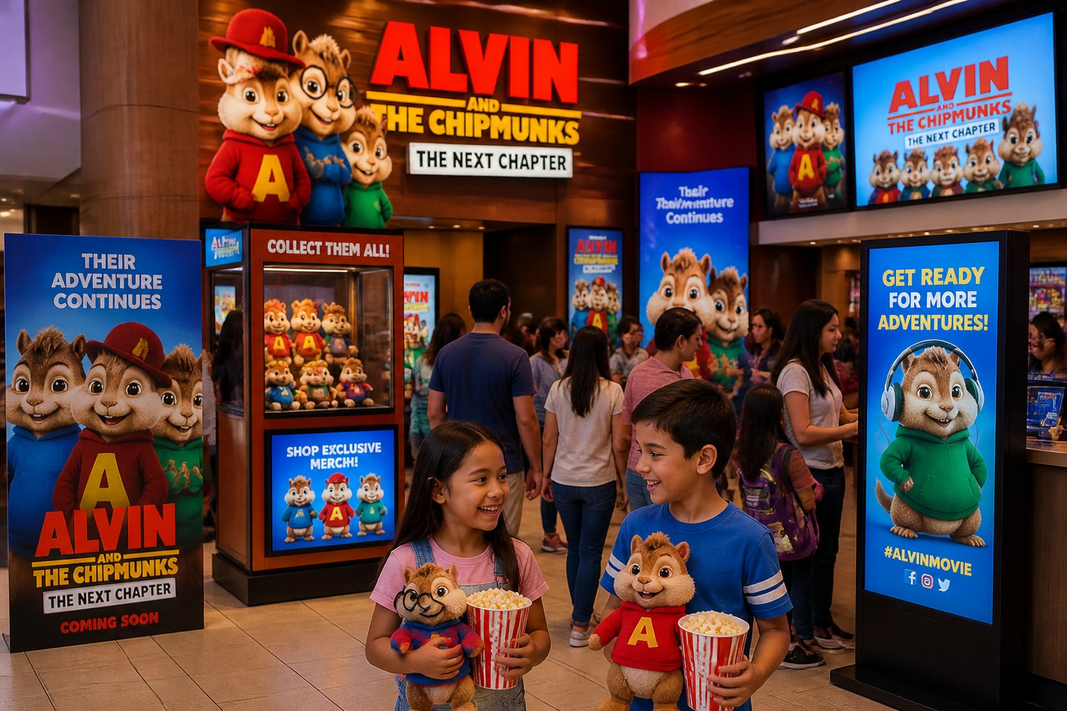Families and children enjoying a lively movie theater lobby with displays and merchandise featuring animated chipmunk characters.