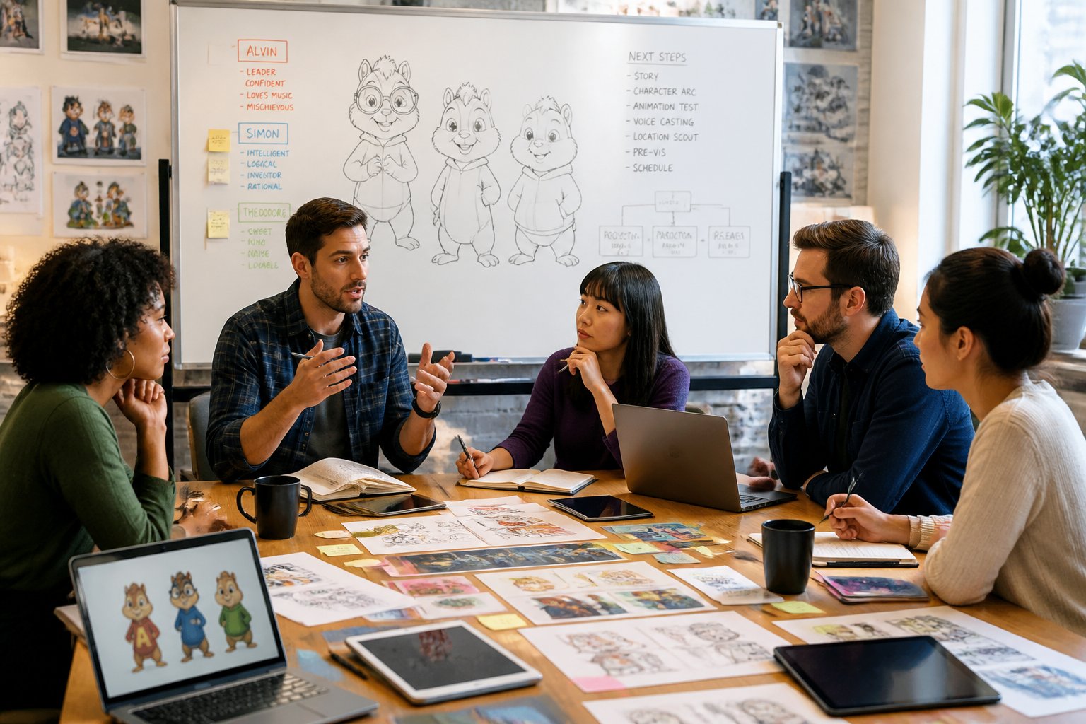 A group of creative professionals brainstorming ideas around a conference table with sketches of animated chipmunk characters on a whiteboard in the background.