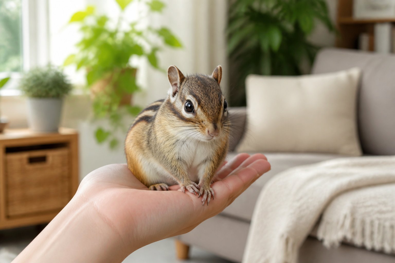 A chipmunk sitting on a person's open hand inside a cozy living room.