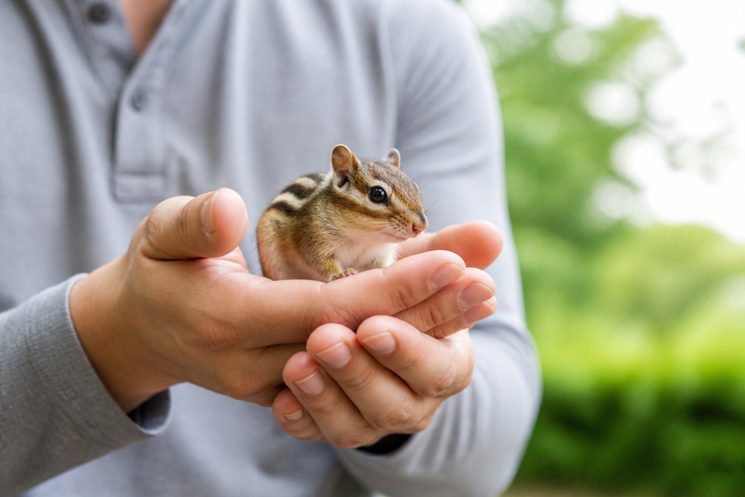 Person gently holding a small chipmunk outdoors with green foliage in the background.