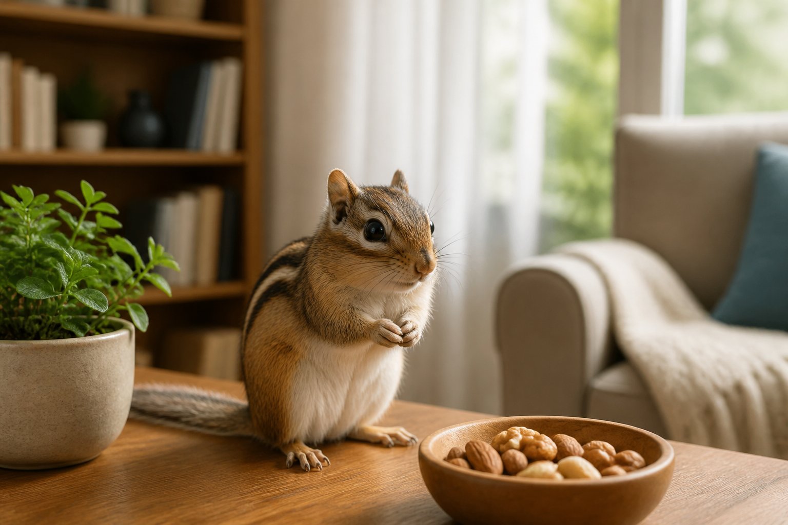A chipmunk sitting on a wooden table inside a cozy living room with natural light and home decor.