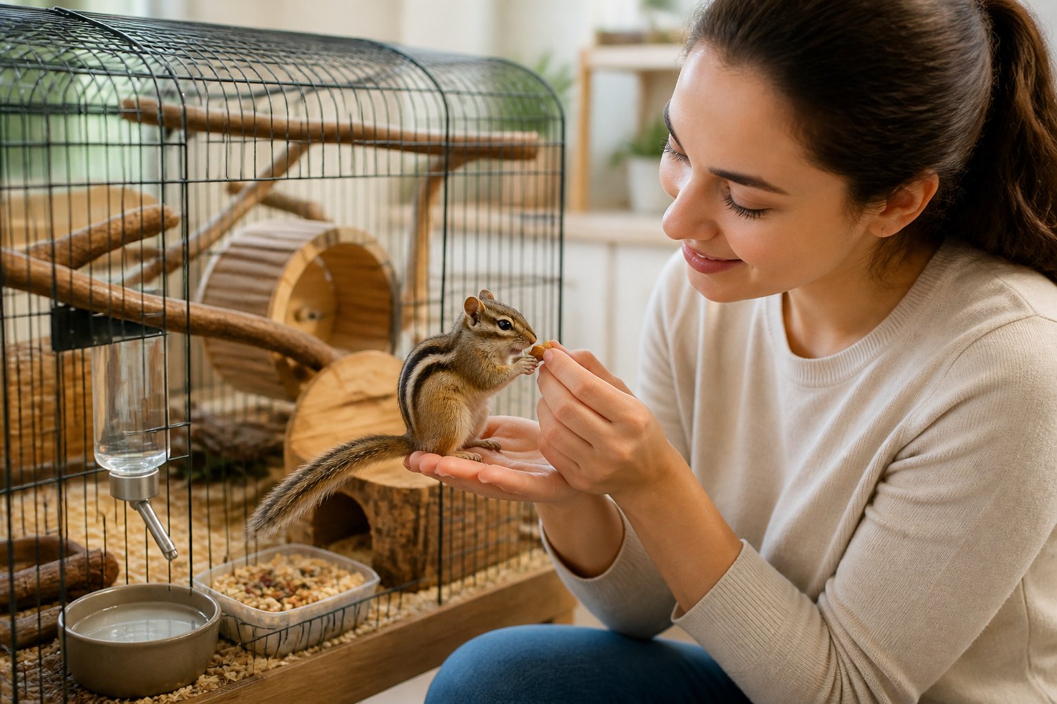 A person gently feeding a chipmunk inside a clean, well-equipped indoor habitat.