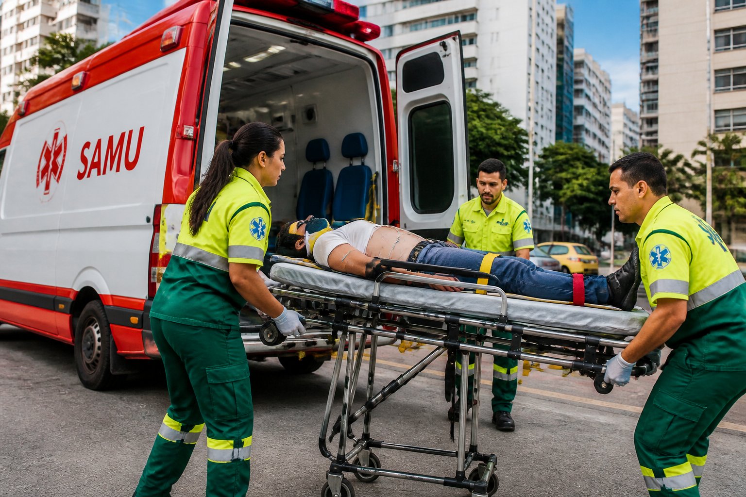 Ambulância do SAMU com paramédicos atendendo um paciente em uma rua da cidade.