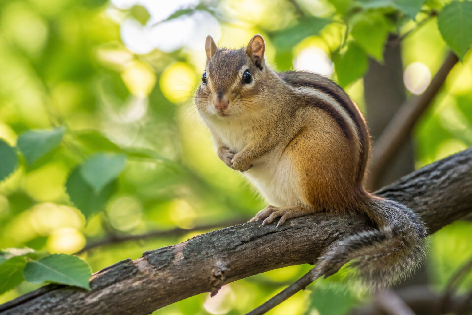 A chipmunk sitting on a tree branch in a forest.