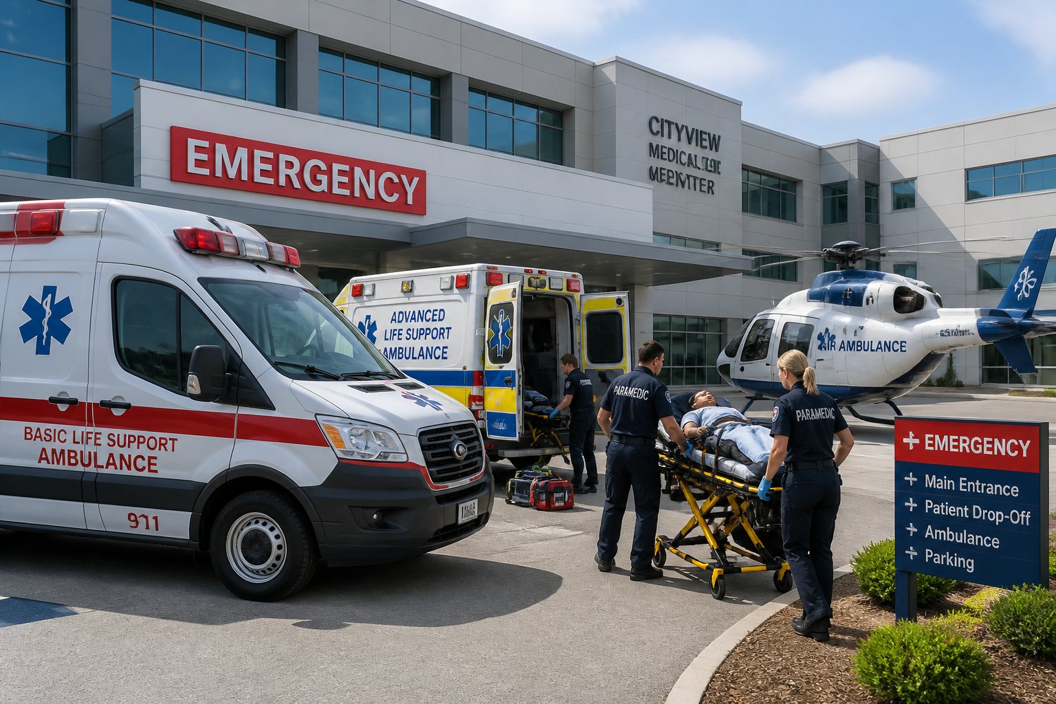 Vários tipos de ambulâncias estacionadas em frente a um hospital, com paramédicos atendendo um paciente em uma maca.