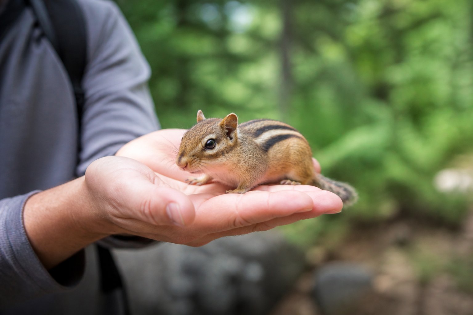 A person gently holding a chipmunk on their open palm outdoors with blurred green background.