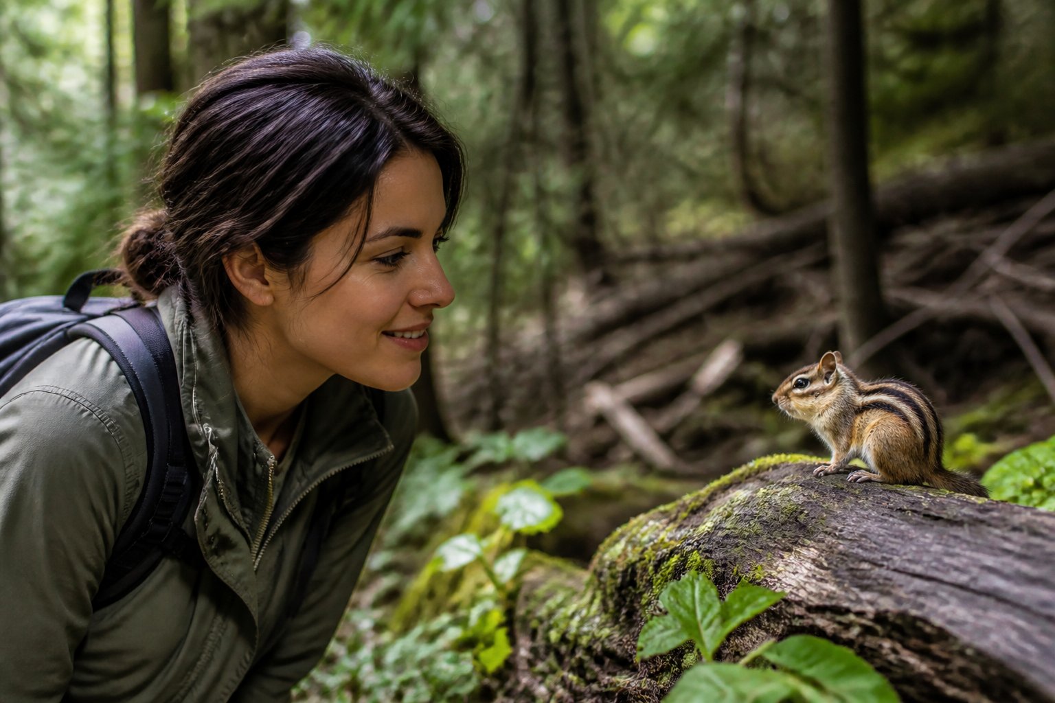 A person watching a chipmunk sitting on a tree branch in a green forest.