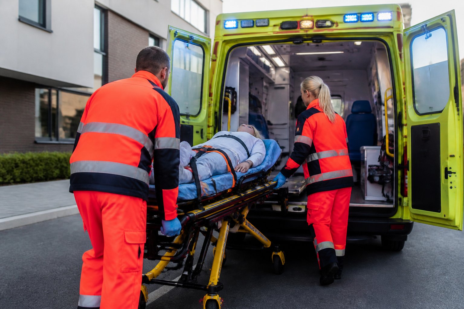 Paramédicos atendendo um paciente em uma maca próximo a uma ambulância com luzes de emergência acesas.