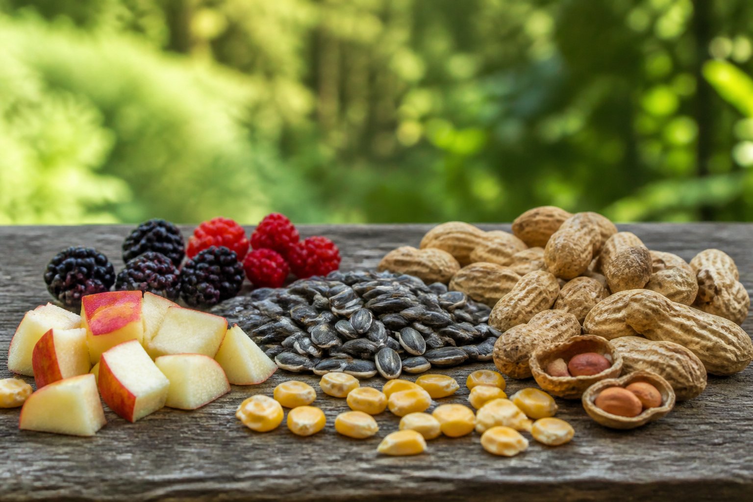 A wooden table outdoors with sunflower seeds, peanuts, apple pieces, corn kernels, and berries arranged as chipmunk bait.