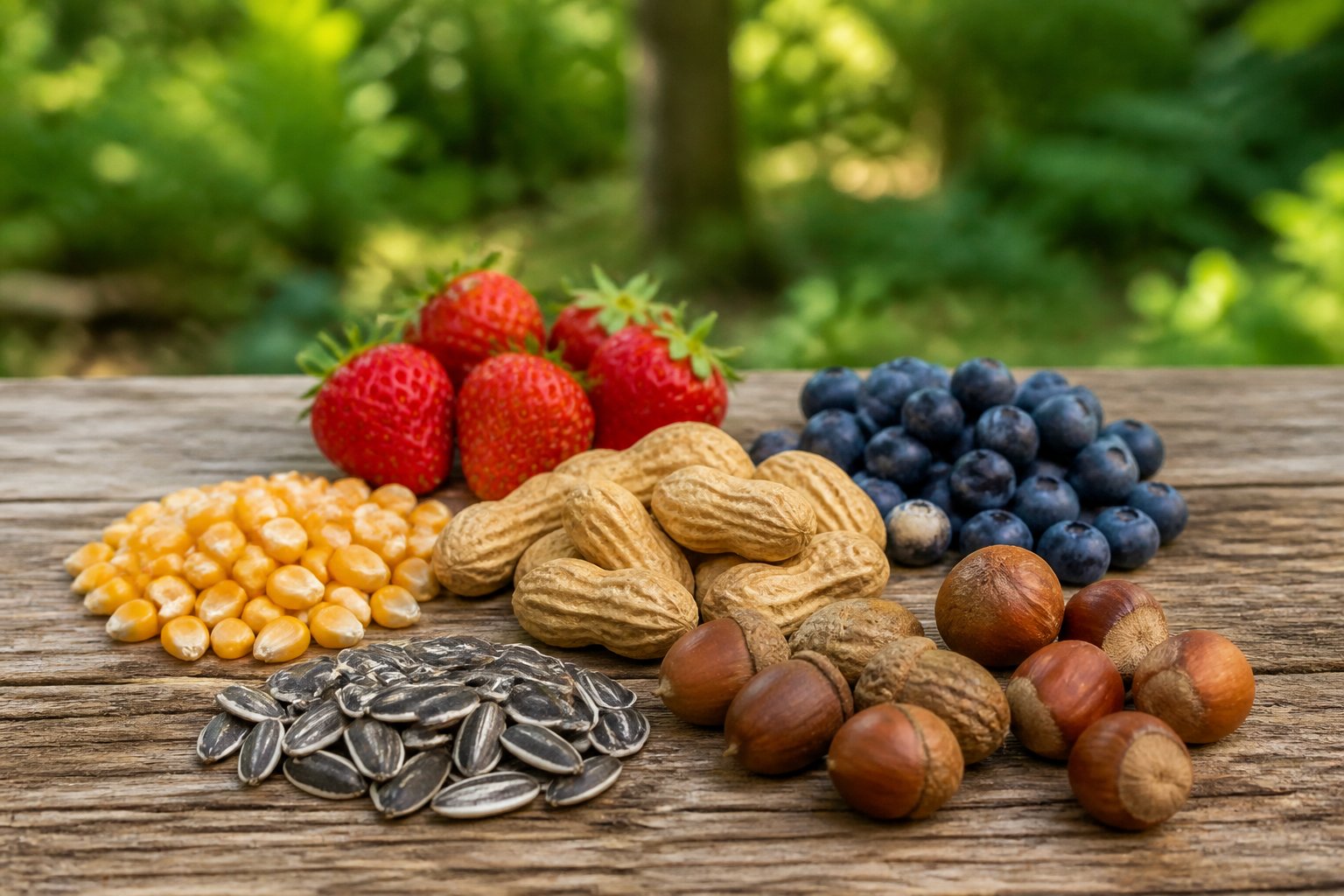 Close-up of various natural foods like seeds, nuts, berries, and corn arranged on a wooden table outdoors with a green garden background.