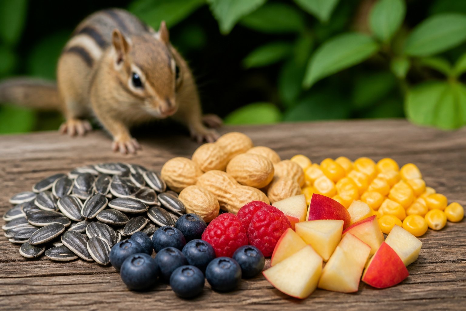 Close-up of various natural bait such as seeds, peanuts, fruit pieces, and corn kernels on a wooden surface with a chipmunk approaching in the background.