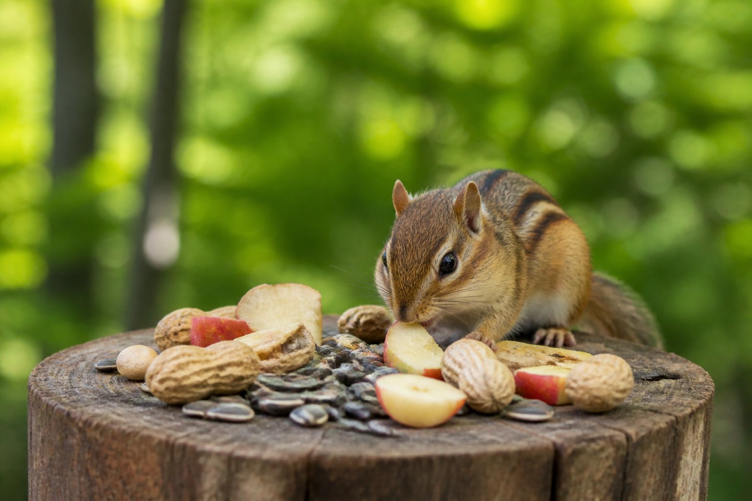 A chipmunk approaching natural bait including seeds and fruit placed on a wooden surface outdoors with green foliage in the background.