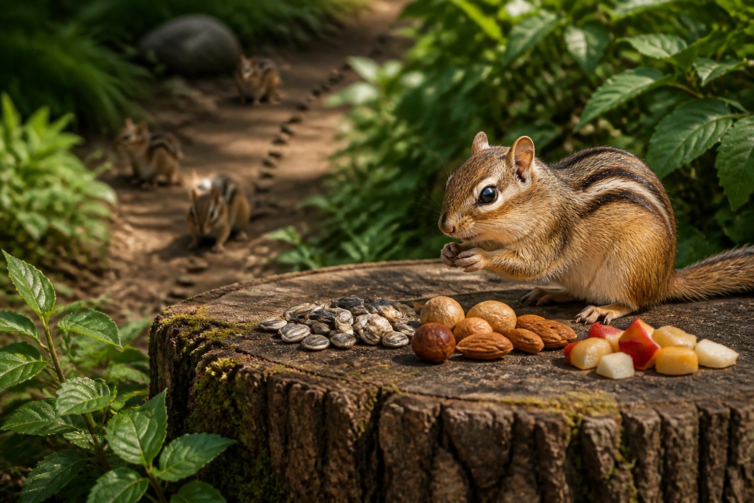 A chipmunk near a wooden platform with natural bait like seeds and nuts in a green outdoor setting.