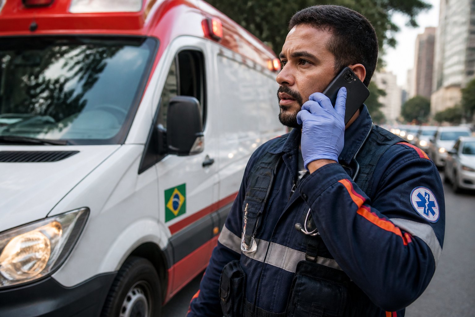 Ambulância estacionada na rua com um paramédico falando ao telefone, em uma cena urbana no Brasil.