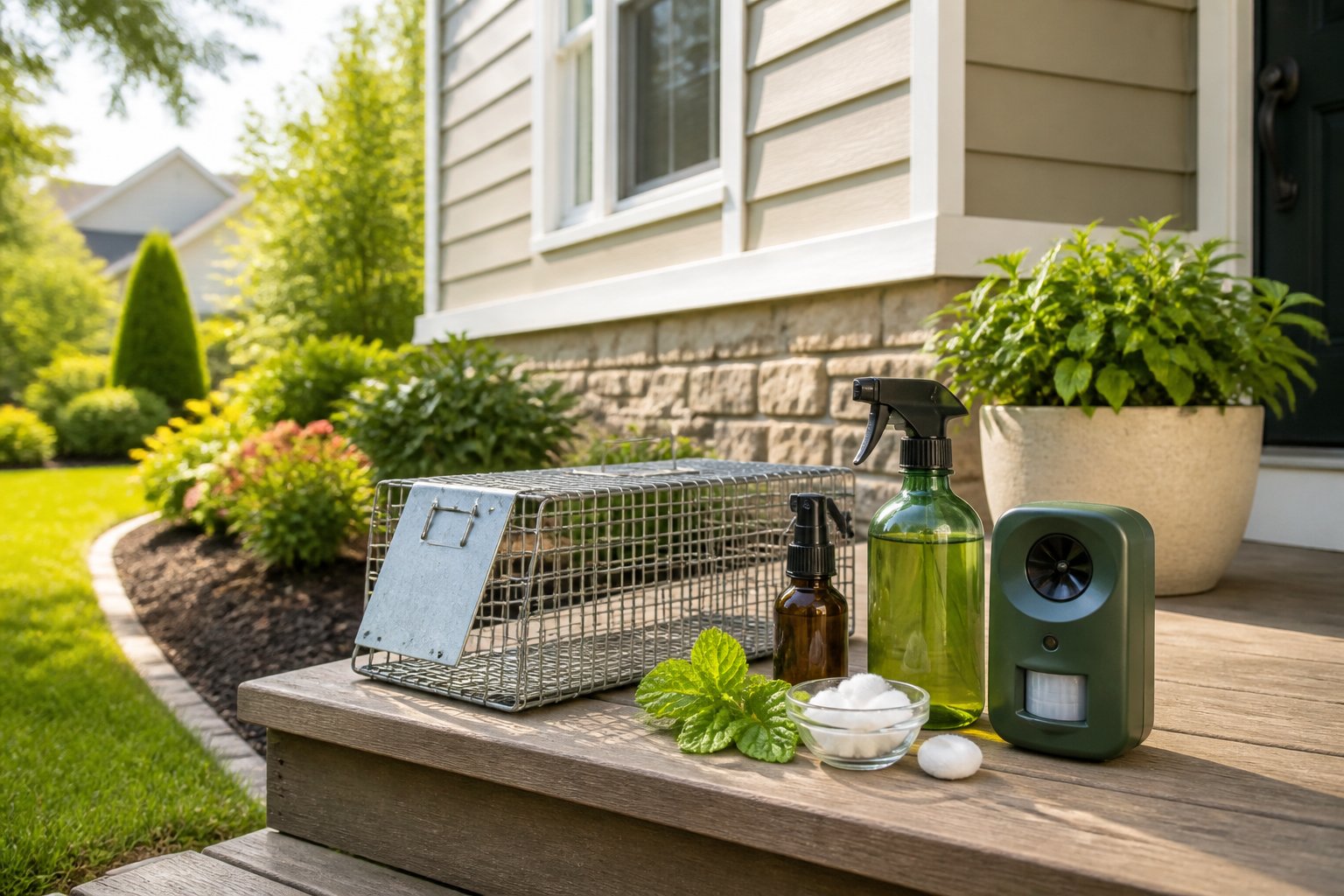 A suburban house exterior with various chipmunk deterrent tools displayed near the entrance, including a live trap, peppermint oil spray, and an ultrasonic repeller.