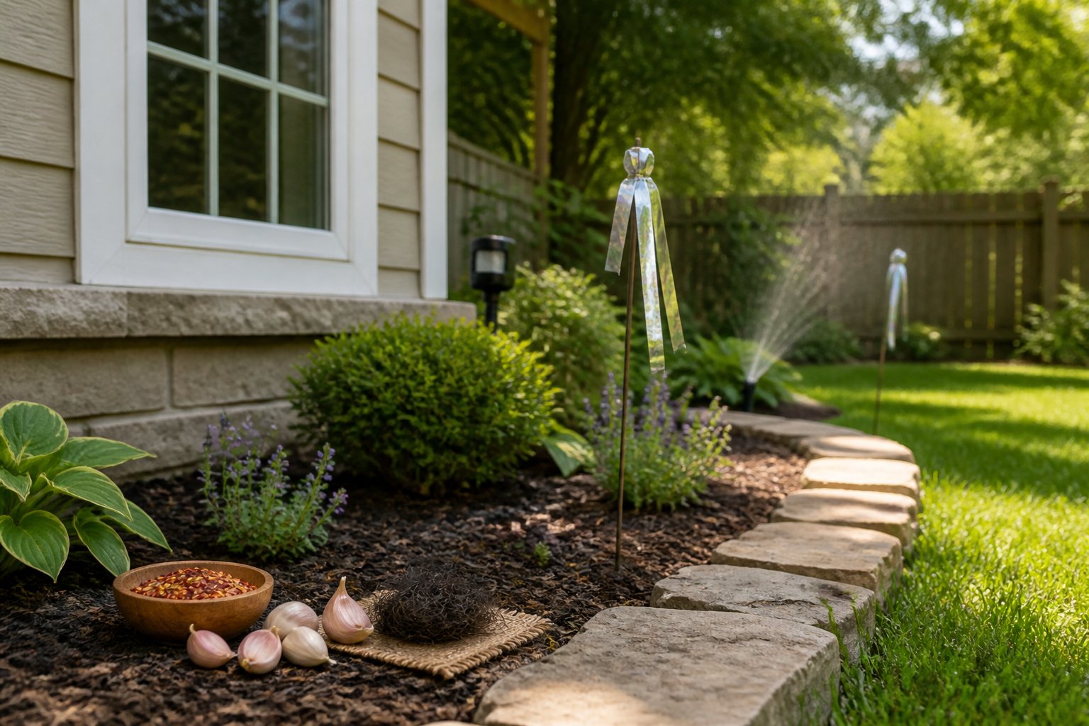 A suburban backyard garden with natural chipmunk repellents placed near a house, including crushed red pepper flakes, garlic cloves, and small scare devices.