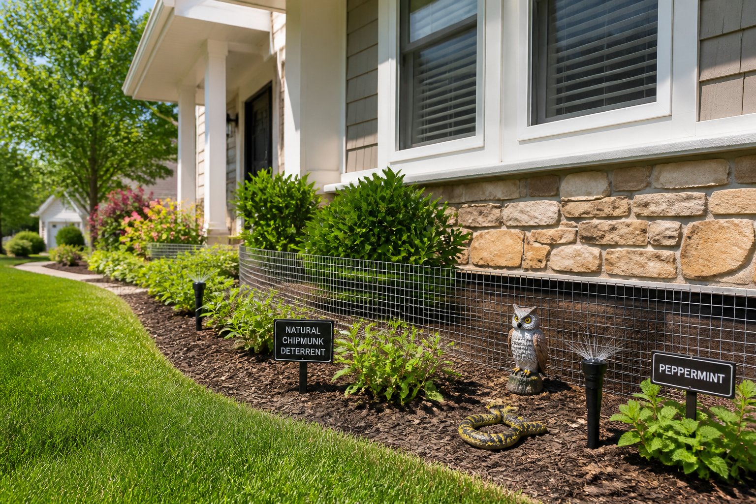Exterior of a house with garden showing natural chipmunk deterrents like mesh barriers, sprinklers, and plants.