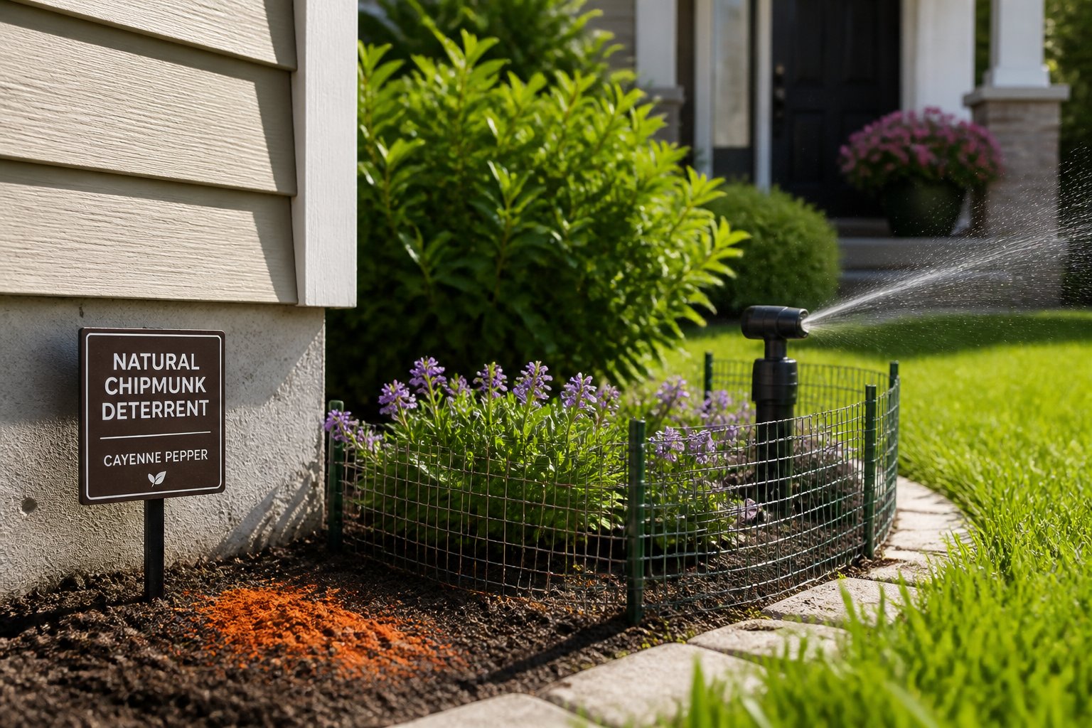 A suburban house with a garden showing natural chipmunk deterrents like cayenne pepper, mesh wire barriers, and a motion-activated sprinkler near the bushes.