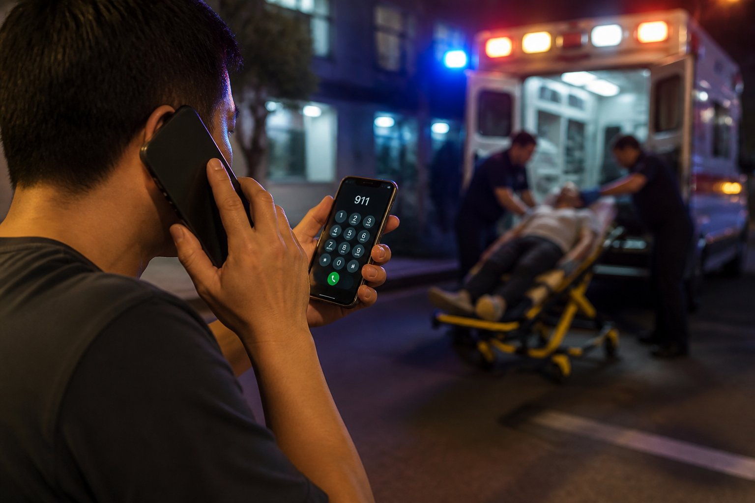 Pessoa preocupada usando um celular para chamar uma ambulância, com uma ambulância com luzes piscando ao fundo na rua.