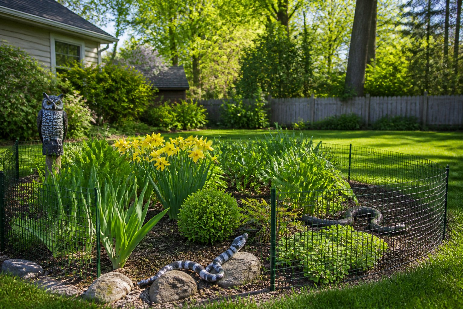 A suburban yard with a wire mesh fence, plastic owl and snake decoys, and plants that deter chipmunks around flower beds.