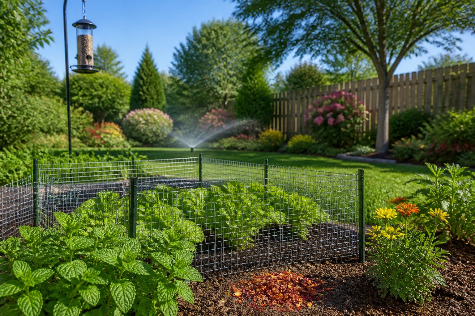 A backyard garden with natural deterrents like mesh wire, peppermint plants, and a motion-activated sprinkler to keep chipmunks away.