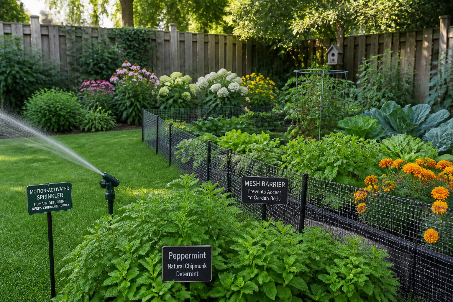 A backyard garden with green grass, flower beds, vegetable plants, mesh fencing, peppermint plants, and motion-activated sprinklers to keep chipmunks out.