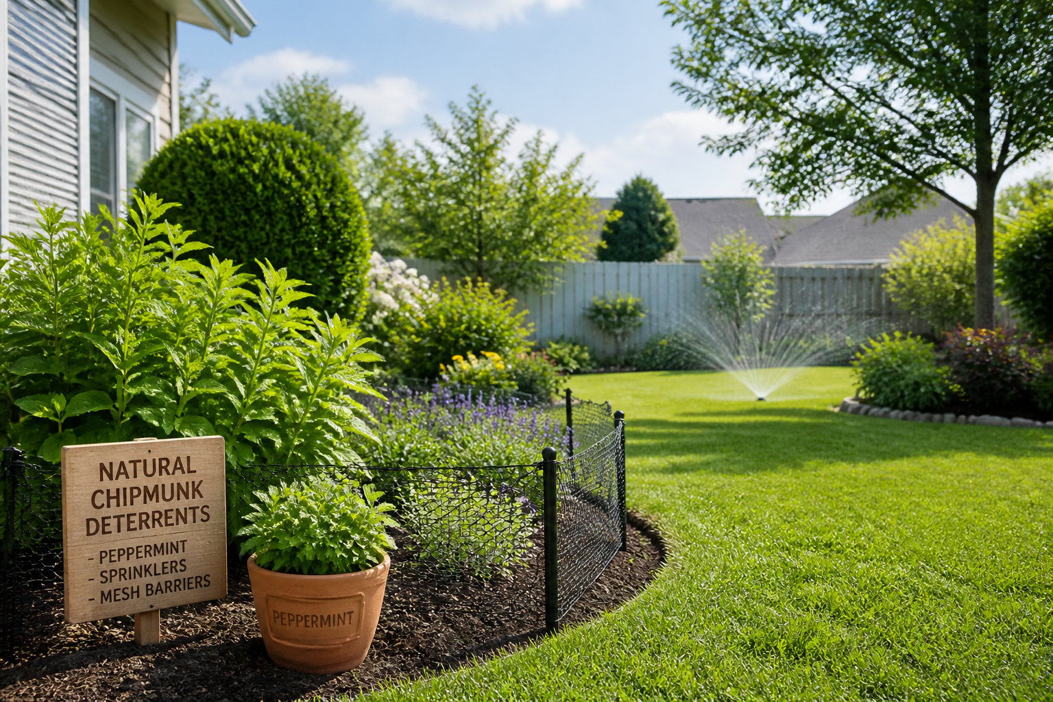 A sunny suburban backyard with plants and small mesh barriers to keep chipmunks out.