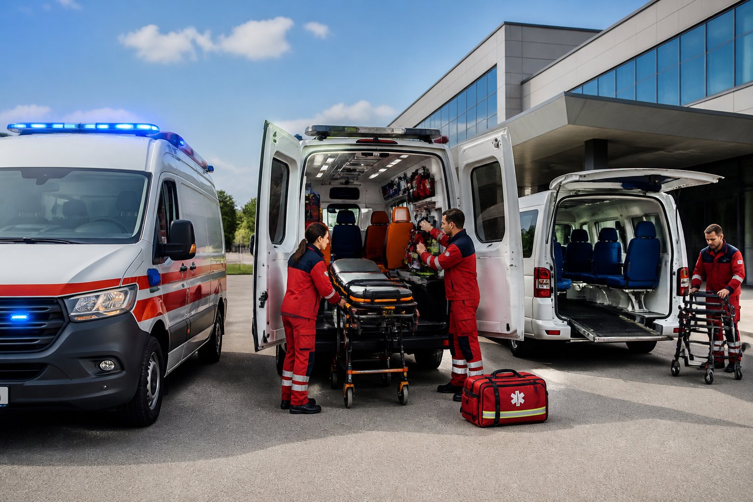 Vários tipos de ambulâncias estacionadas ao ar livre com equipamentos médicos visíveis e paramédicos próximos, em frente a um prédio hospitalar.