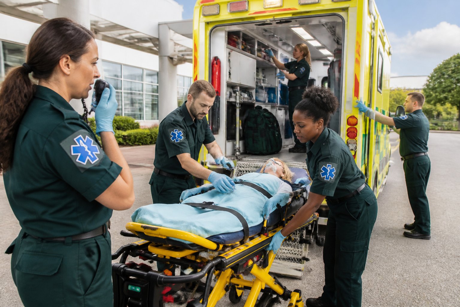 Equipe de profissionais de ambulância em ação ao lado de uma ambulância, preparando equipamentos médicos e atendendo um paciente.