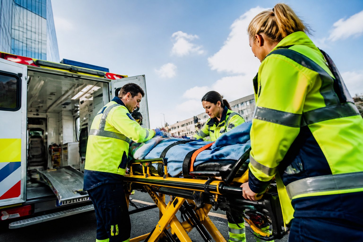 Equipe de resgate atendendo um paciente em uma maca ao lado de uma ambulância em ambiente urbano.