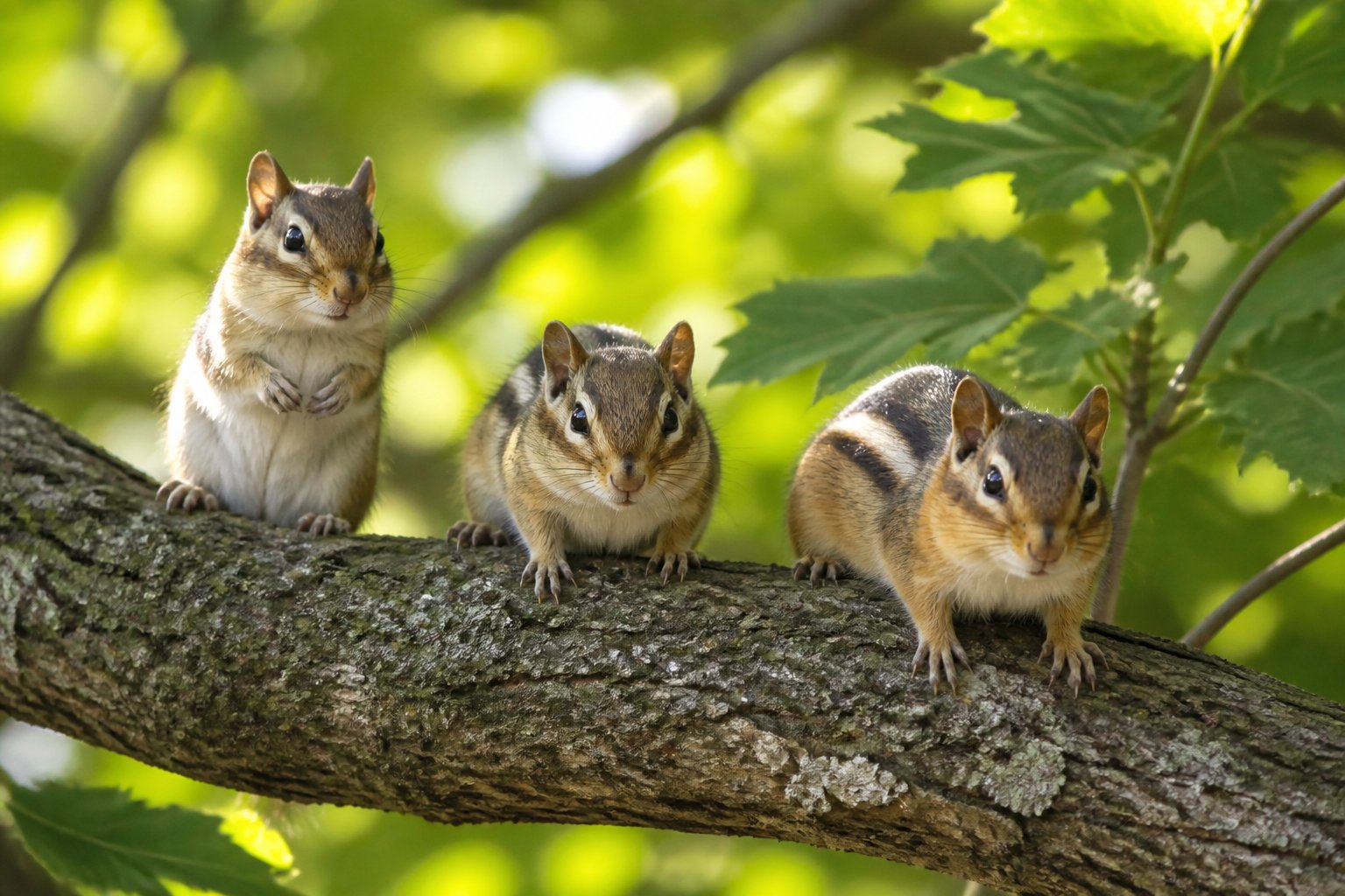 Three chipmunks sitting on a tree branch surrounded by green leaves in a natural outdoor setting.