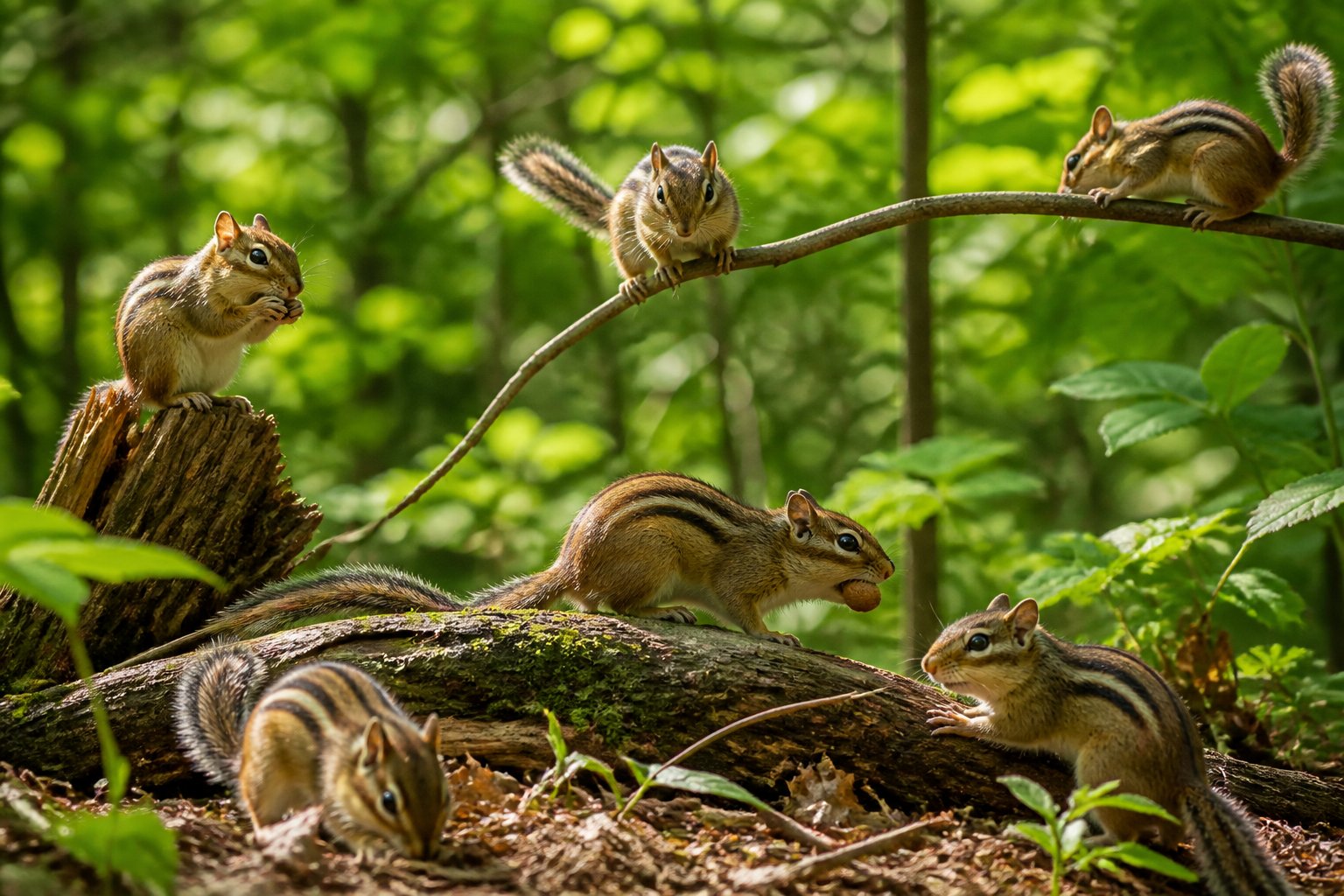 Several chipmunks foraging and climbing among trees and leaves in a forest setting.