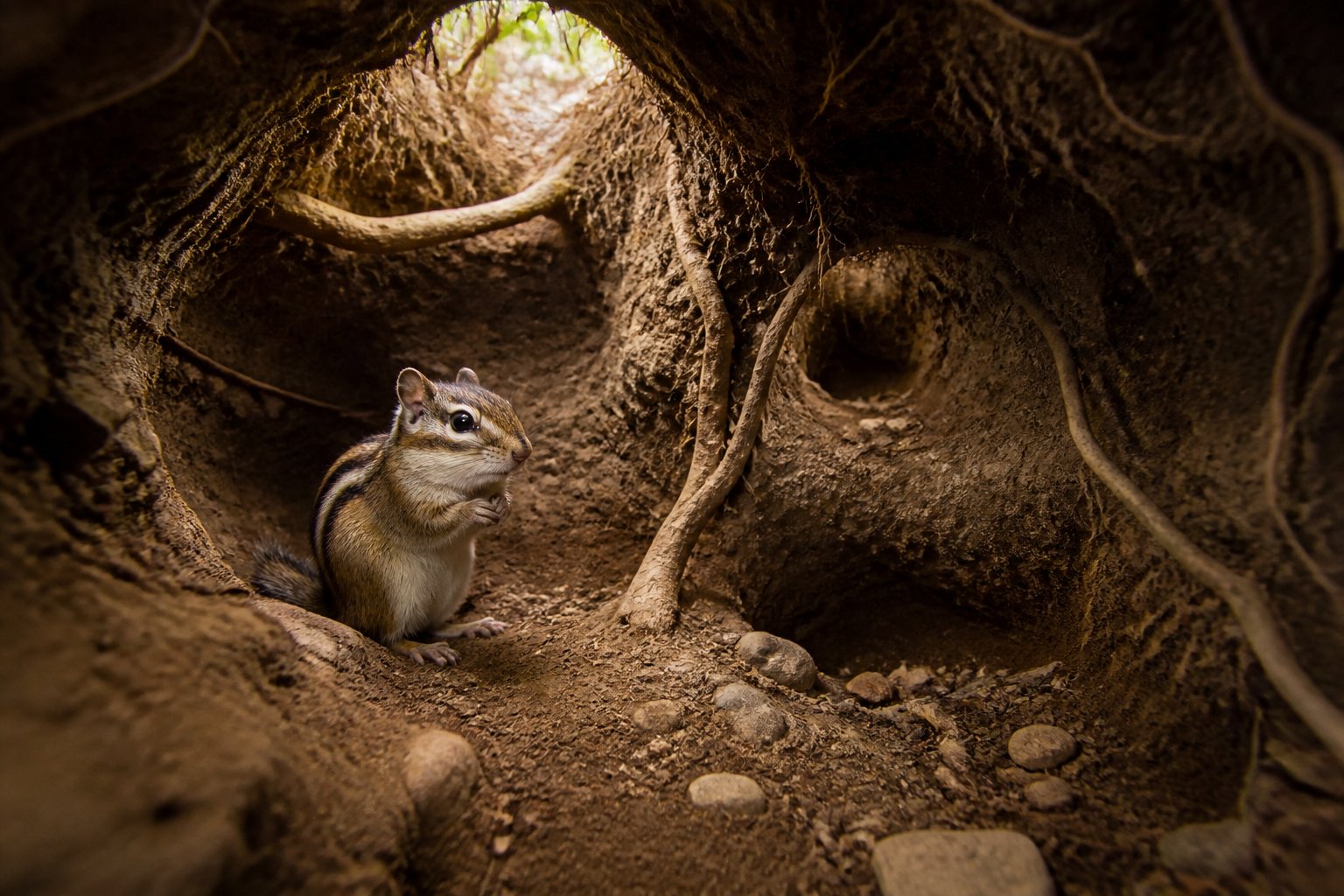 Inside view of a chipmunk burrow showing a chipmunk sitting in a small underground tunnel surrounded by soil and roots.