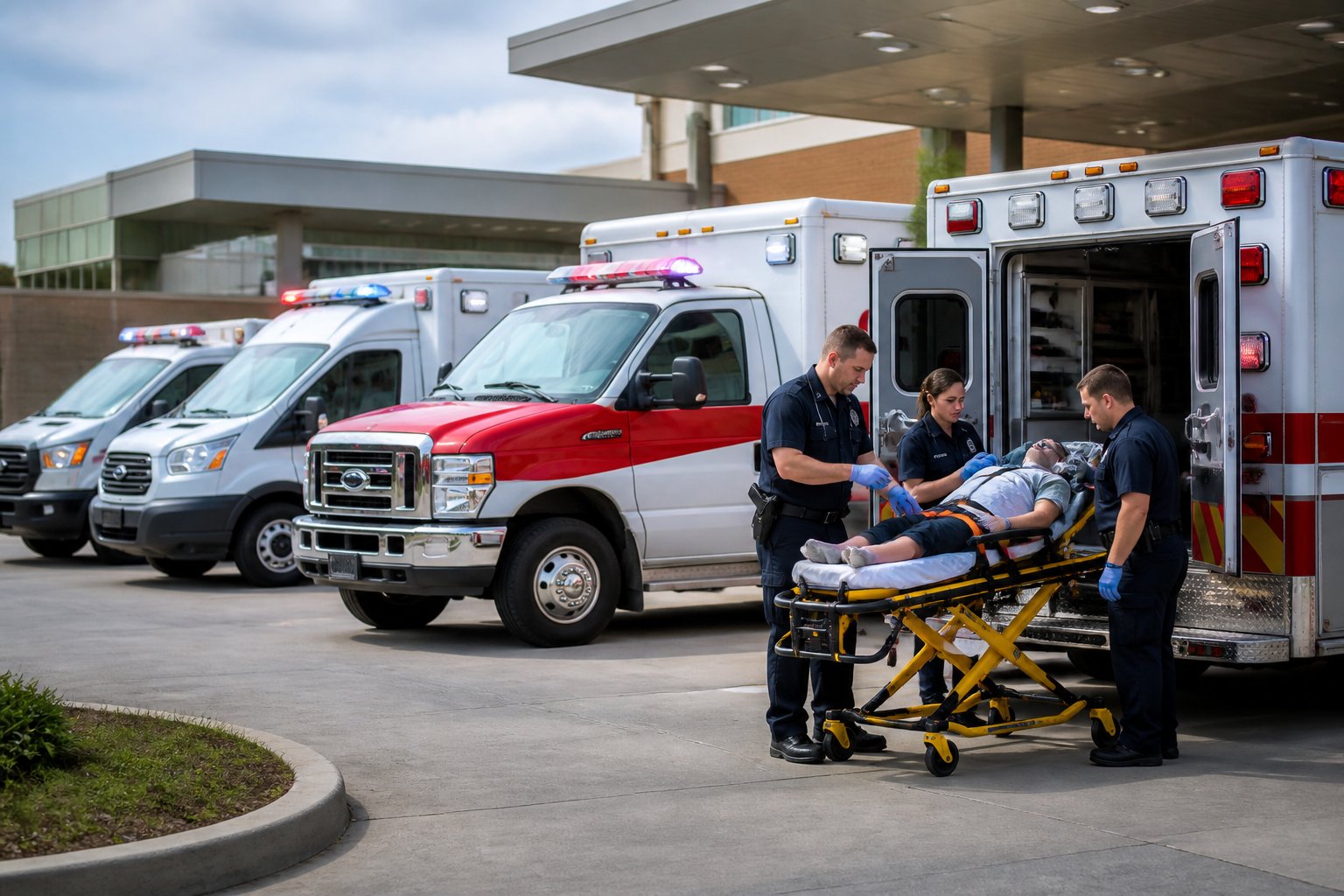 Ambulâncias de resgate estacionadas em frente a um hospital com paramédicos atendendo um paciente em uma maca.