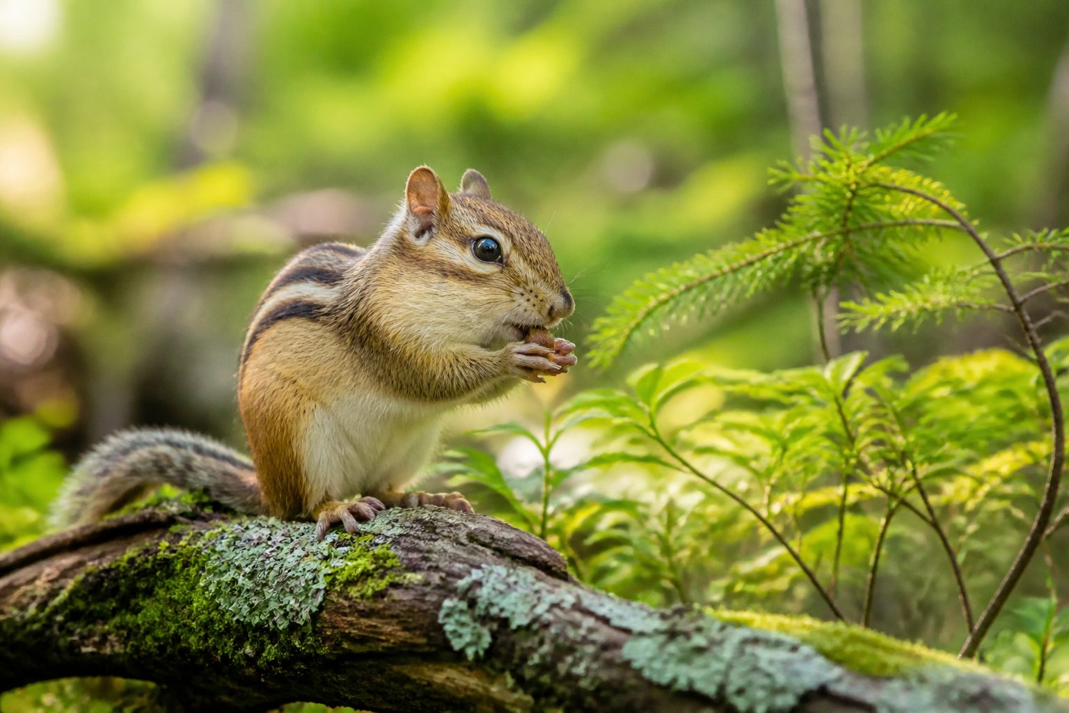 A chipmunk sitting on a tree branch in a green forest holding a small nut.