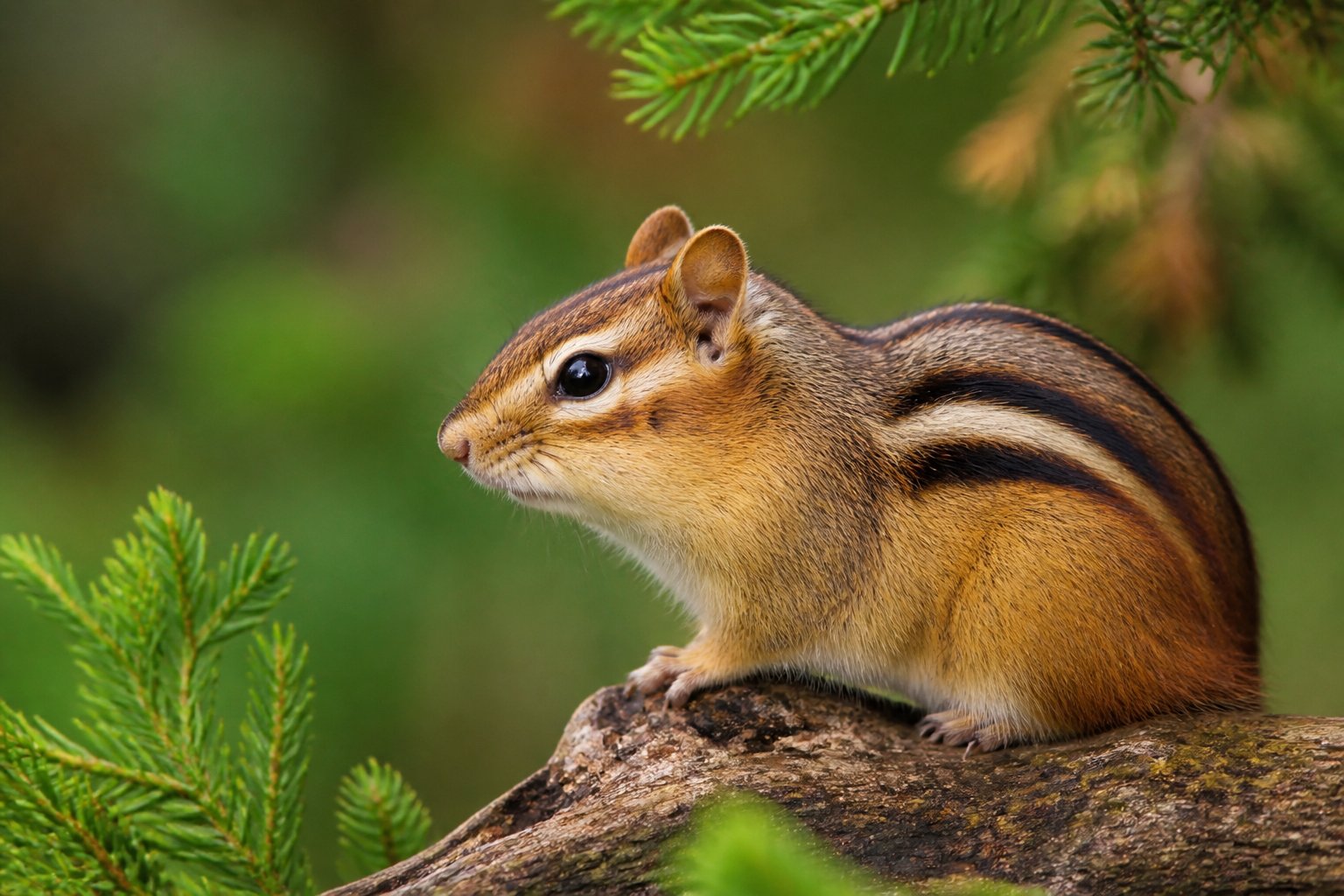 A chipmunk sitting on a tree branch surrounded by green leaves.
