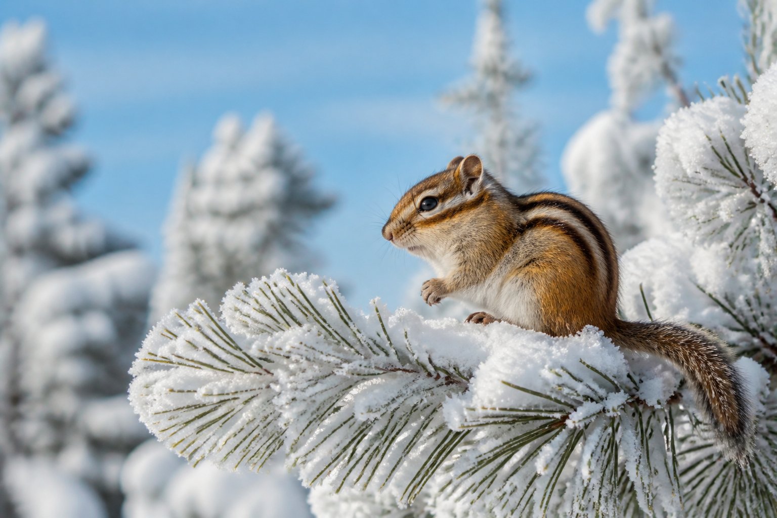A chipmunk sitting on a snow-covered tree branch in a winter forest.