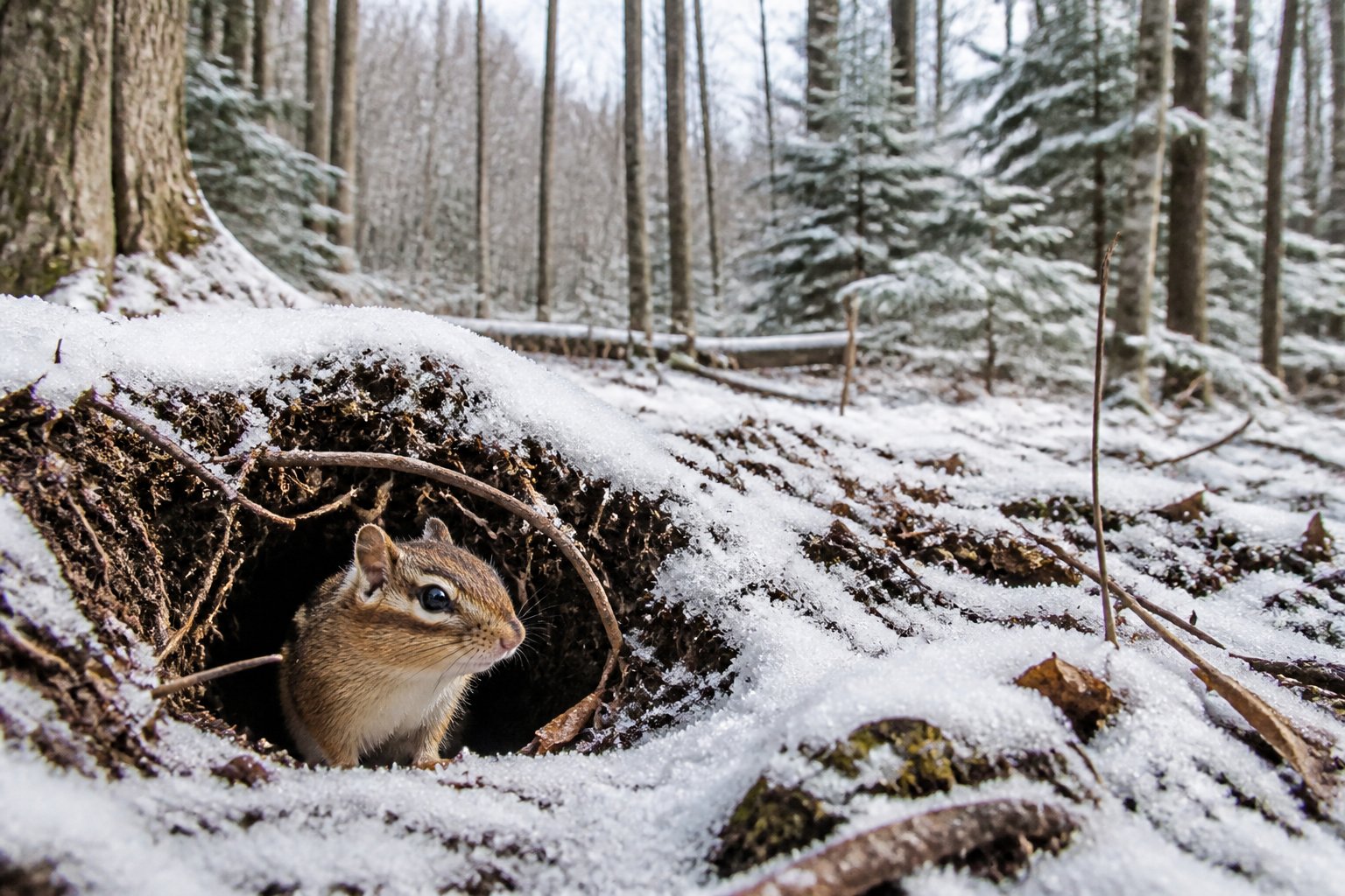 A chipmunk peeking out from its underground burrow in a snowy forest during winter.