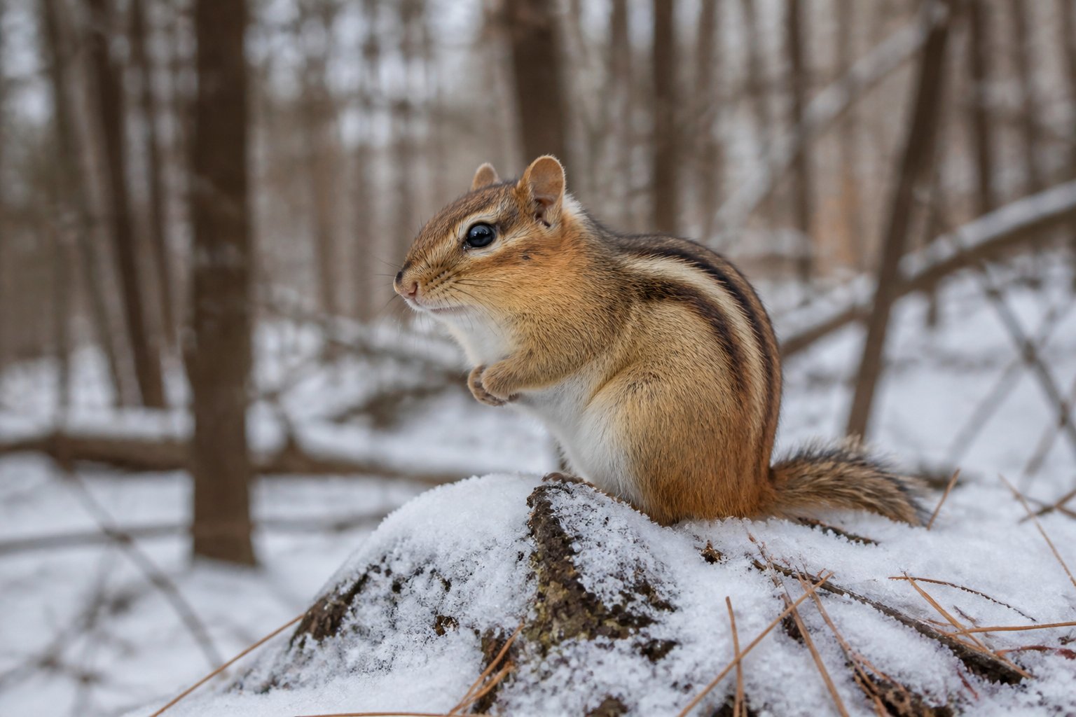A chipmunk sitting on a snow-covered branch in a winter forest with bare trees and snow on the ground.