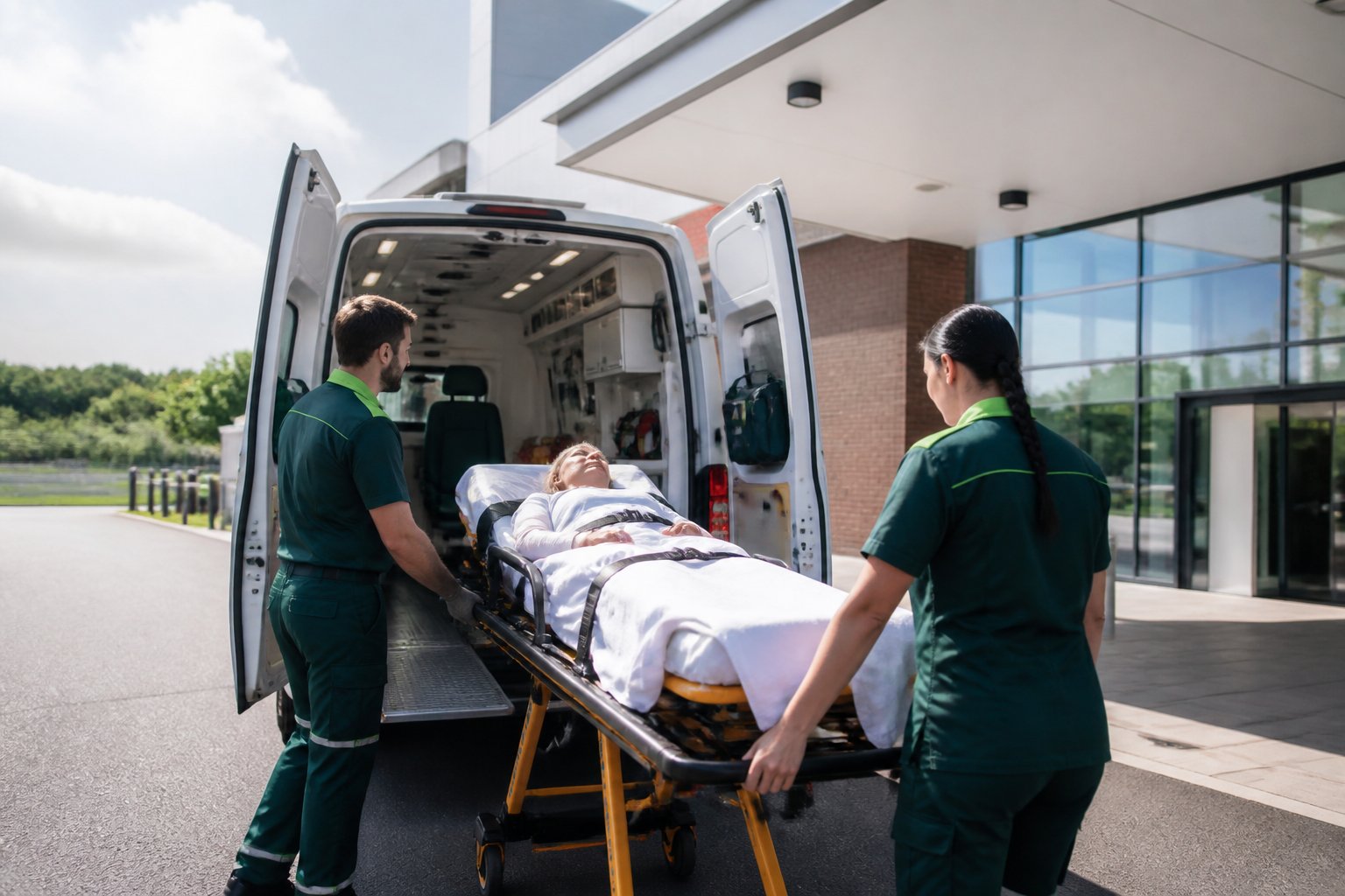 Ambulância particular com paramédicos auxiliando um paciente em uma maca perto de um hospital.