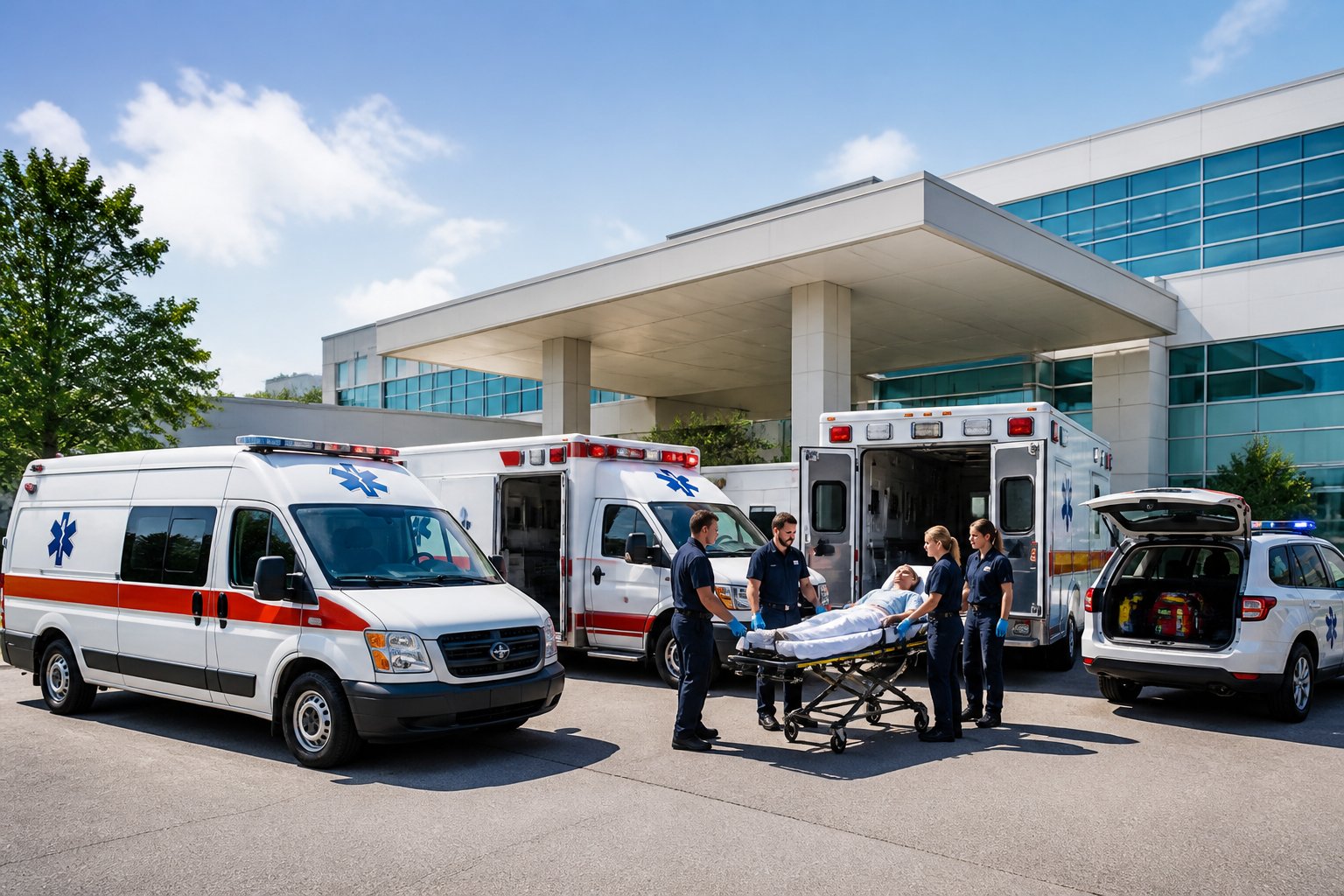Vários tipos de ambulâncias particulares estacionadas em frente a um hospital moderno, com paramédicos uniformizados cuidando de um paciente em uma maca.