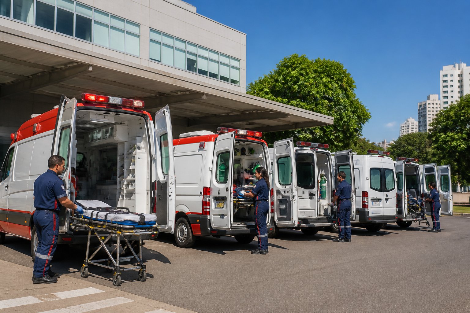 Vários tipos de ambulâncias brasileiras estacionadas em frente a um prédio médico, com profissionais de saúde preparando equipamentos.