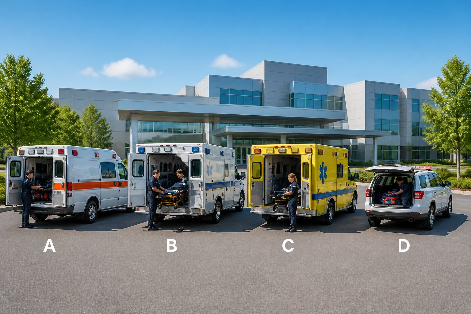 Quatro tipos diferentes de ambulâncias alinhadas em frente a um hospital, com paramédicos próximos, em um ambiente externo iluminado.