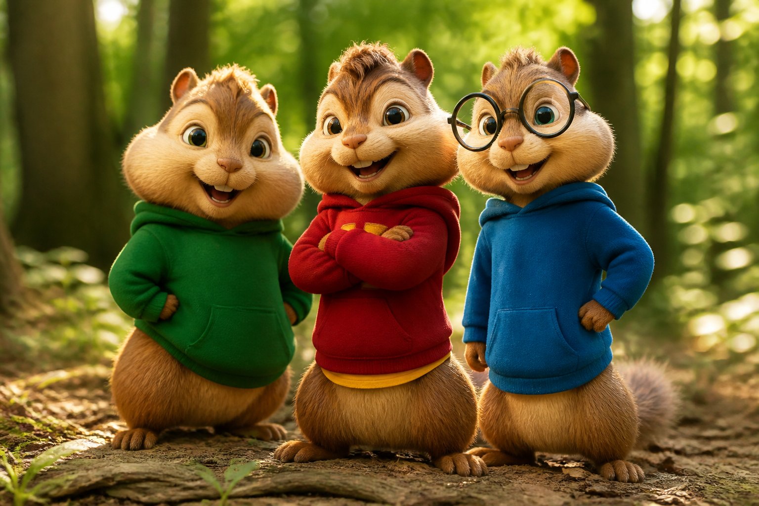 Three friendly chipmunks standing together in a sunlit forest clearing.